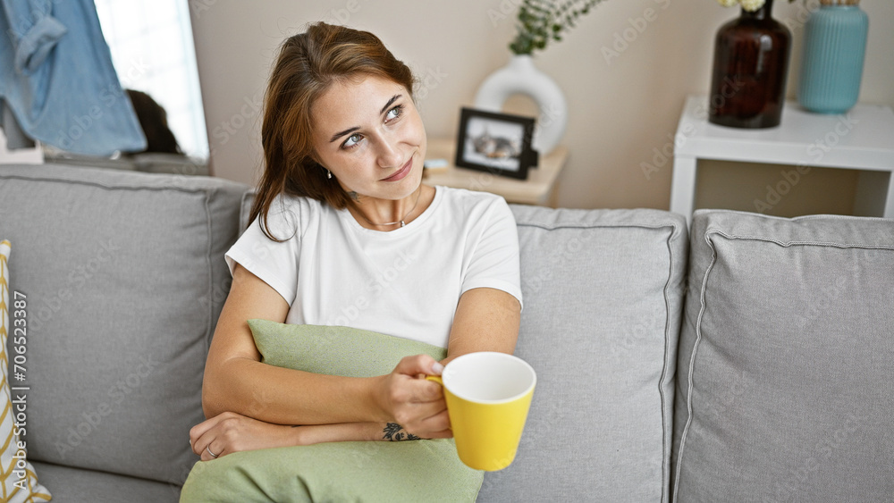 Young woman drinking coffee sitting on sofa thinking at home Young woman drinking coffee sitting on sofa thinking at home