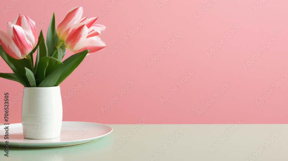 Pink tulips in white vase on table with pink background.