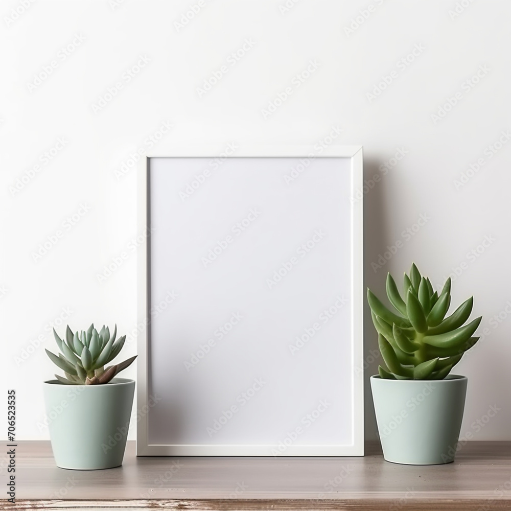 Fototapeta premium Fotografia de estilo mockup con detalle de marco en blanco con decoracion de plantas y fondo neutro