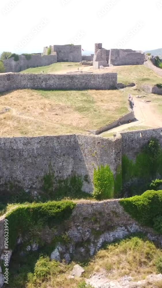 Aerial drone view of Rozafa Castle and its citadel in the city of Shkoder. Albania