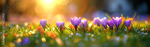 crocus flowers in sunset banner, copy space