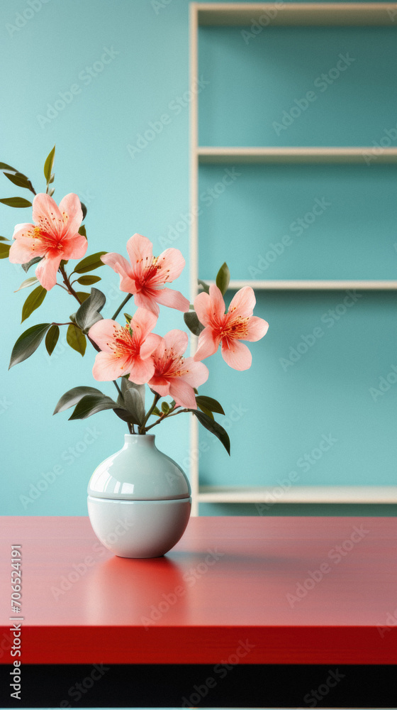 Pink flowers in a vase on a blue background with a shelf. Pink flowers in a vase on a blue background with a shelf.