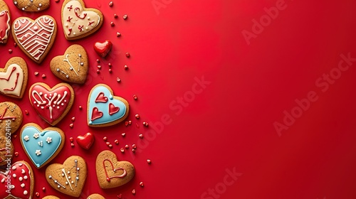 Valentines day background with heart shaped gingerbread cookies on red background, ai generative