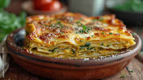 An image of an open lasagna, layering pasta sheets with rich pistachio cream.