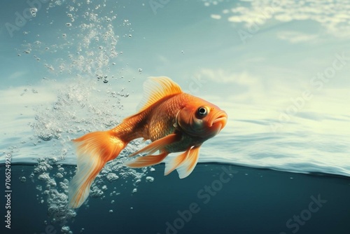 Goldfish leaping into ocean. Generative AI