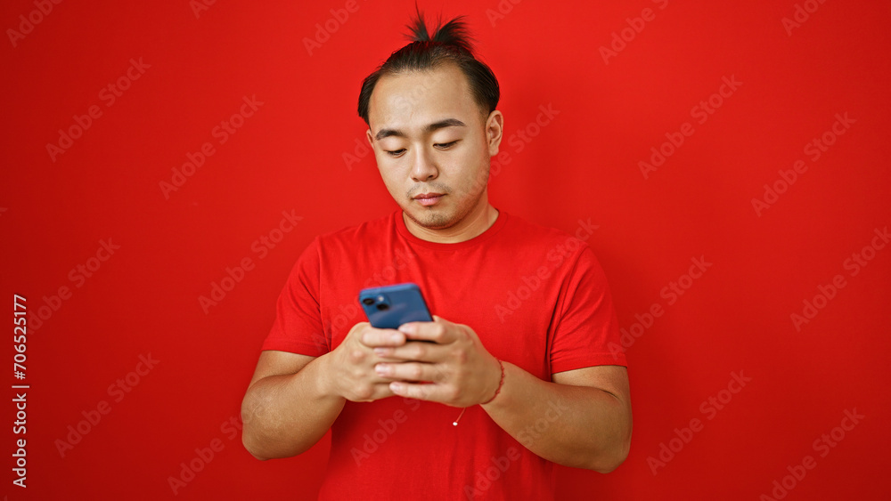 Engrossed young chinese man immersed in vibrant online conversation over his smartphone, isolated against a bold red background. Engrossed young chinese man immersed in vibrant online conversation over his smartphone, isolated against a bold red background.