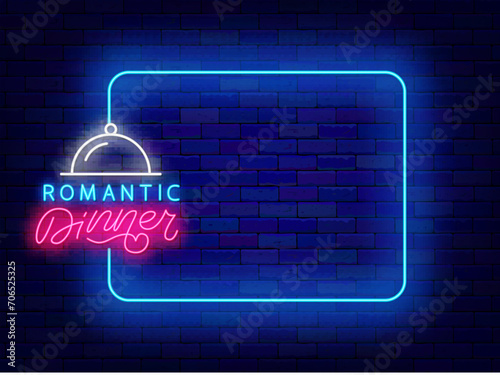 Romantic dinner neon poster. Cafe and restaurant February dating. Happy Valentines day. Vector stock illustration