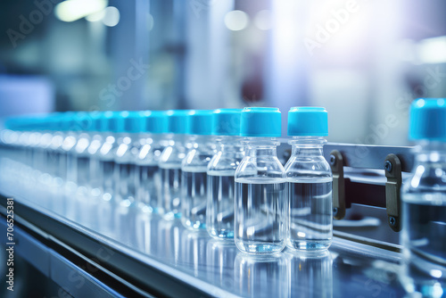 A state-of-the-art production line of medical vials in a pharmaceutical factory, focusing on the precision and technology in glass bottle manufacturing.