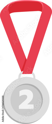 Silver medal with number two. Award medal with ribbon. Victory, competition, success, achievement concept.