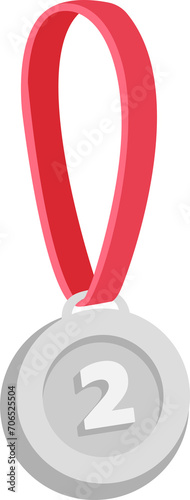 Silver medal with number two. Award medal with ribbon. Victory, competition, success, achievement concept.