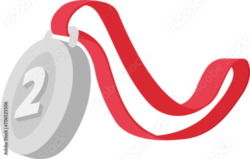 Silver medal with number two. Award medal with ribbon. Victory, competition, success, achievement concept.