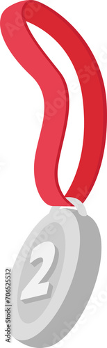Silver medal with number two. Award medal with ribbon. Victory, competition, success, achievement concept.