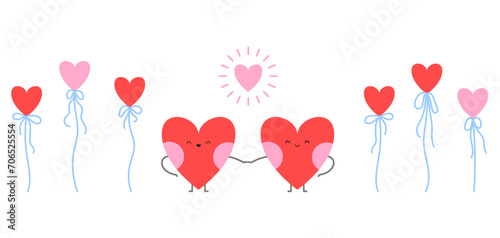 Love couple of heart characters holding hands in a flat cartoon style. Heart balloons clipart. Valentine's day sticker illustration design