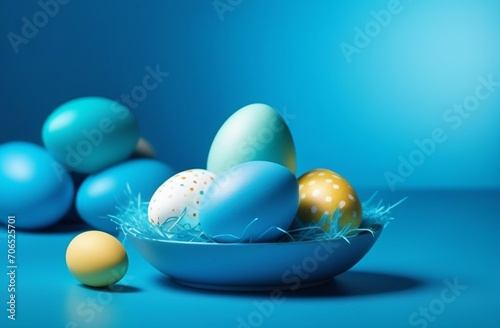 Easter, Easter eggs in a ceramic bowl on a soft blue background