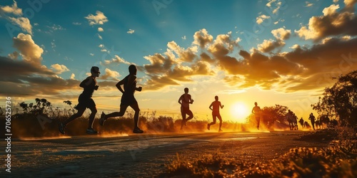The black silhouettes of marathon runners against the backdrop of a captivating sunset, capturing the essence of endurance and determination in the sport of long-distance running.