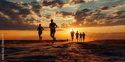 The black silhouettes of marathon runners against the backdrop of a captivating sunset  capturing the essence of endurance and determination in the sport of long-distance running.