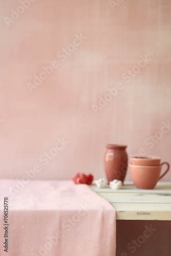 Coffee cup on table with pink wall background.