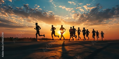 The black silhouettes of marathon runners against the backdrop of a captivating sunset, capturing the essence of endurance and determination in the sport of long-distance running.