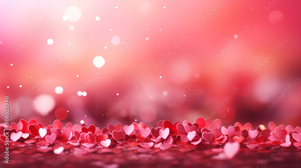 Valentine's ambiance with heart confetti scattered on pink, glowing with bokeh lights