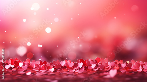 Valentine's ambiance with heart confetti scattered on pink, glowing with bokeh lights