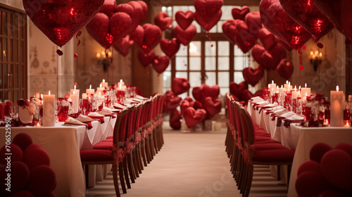 Elegant dinner setting with red heart balloons and candlelight for romantic evening