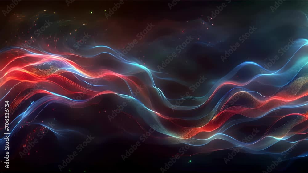 Blue and red lights intersect among cosmic stardust, creating a mystical and dynamic cosmic landscape.
