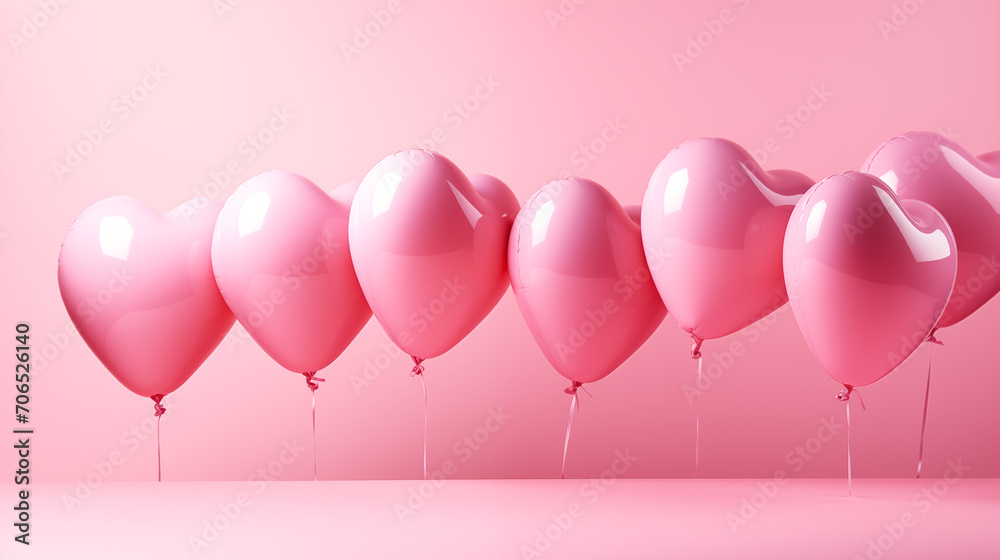 Glossy pink heart-shaped balloons float against a soft pink backdrop. Shiny pink hearts soaring gently, a perfect symbol for Valentine's Day
