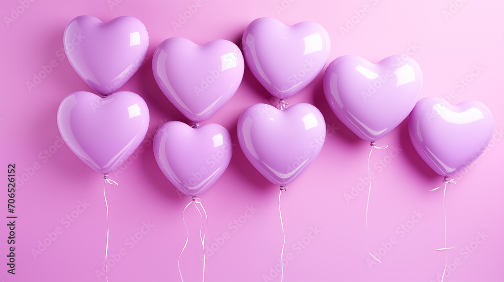 Soft lavender heart-shaped balloons floating on dreamy pink backdrop. Heart balloons, a tender expression of love and affection