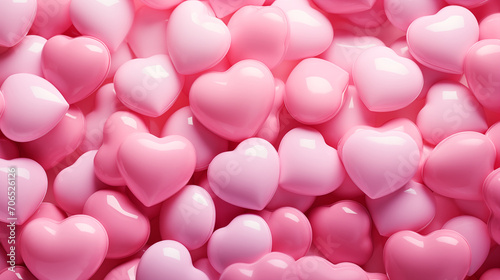 Glossy pink heart-shaped balloons texture background. Countless pink hearts create a backdrop of love and romance