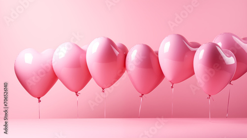 Glossy pink heart-shaped balloons float against a soft pink backdrop. Shiny pink hearts soaring gently, a perfect symbol for Valentine's Day