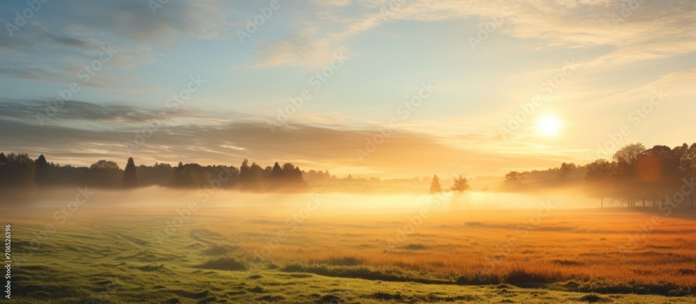 Hazy morning sun rising over field and pasture