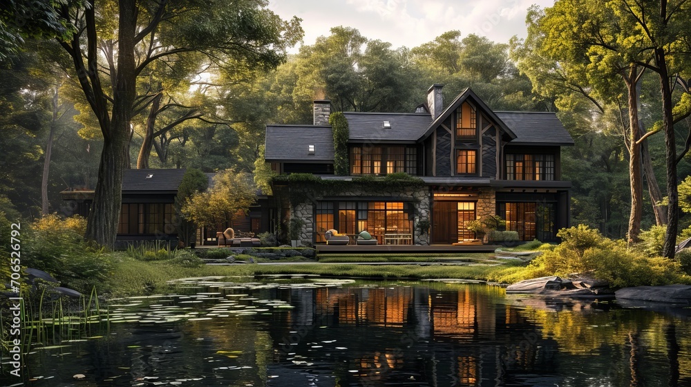 Cottage style house surrounded by stones, in forest with pond, cozy wood, in the style of timeless beauty, subtle elegance, made of vines, windows vista, soft and dreamy