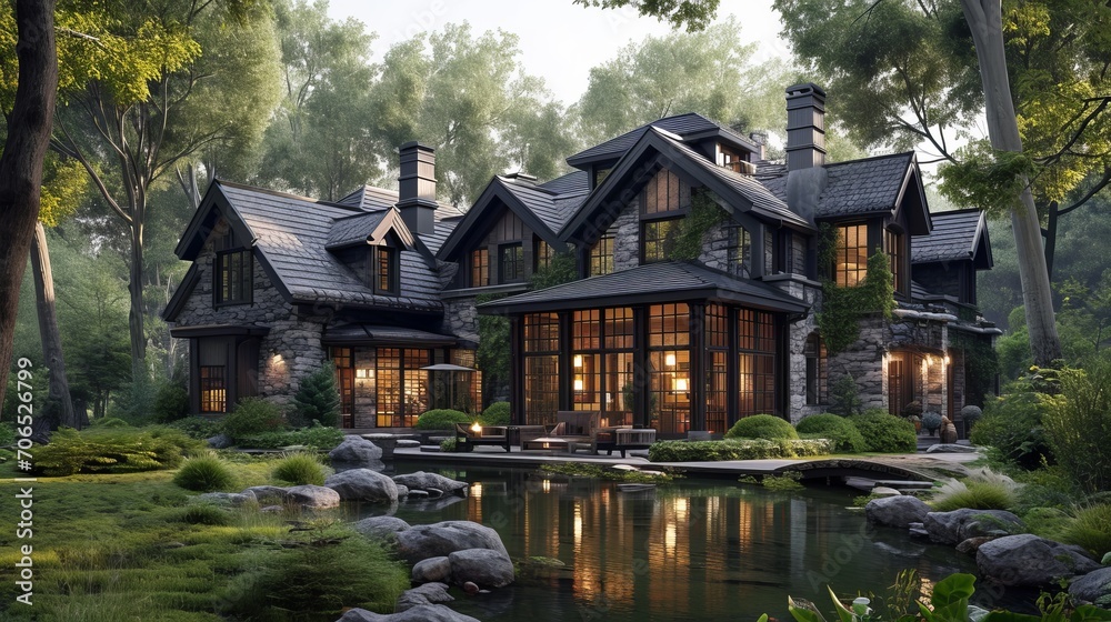 Fototapeta premium Cottage style house surrounded by stones, in forest with pond, cozy wood, in the style of timeless beauty, subtle elegance, made of vines, windows vista, soft and dreamy