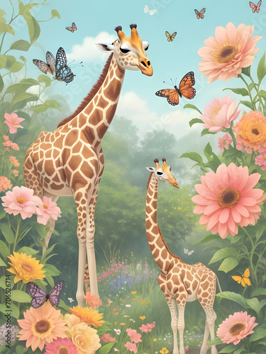 Giraffes in the meadow with flowers and butterflies.