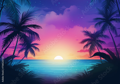 ilustracion de paisaje tropical con palmeras, puesta de sol y tonos de color intenso © Iridium Creatives