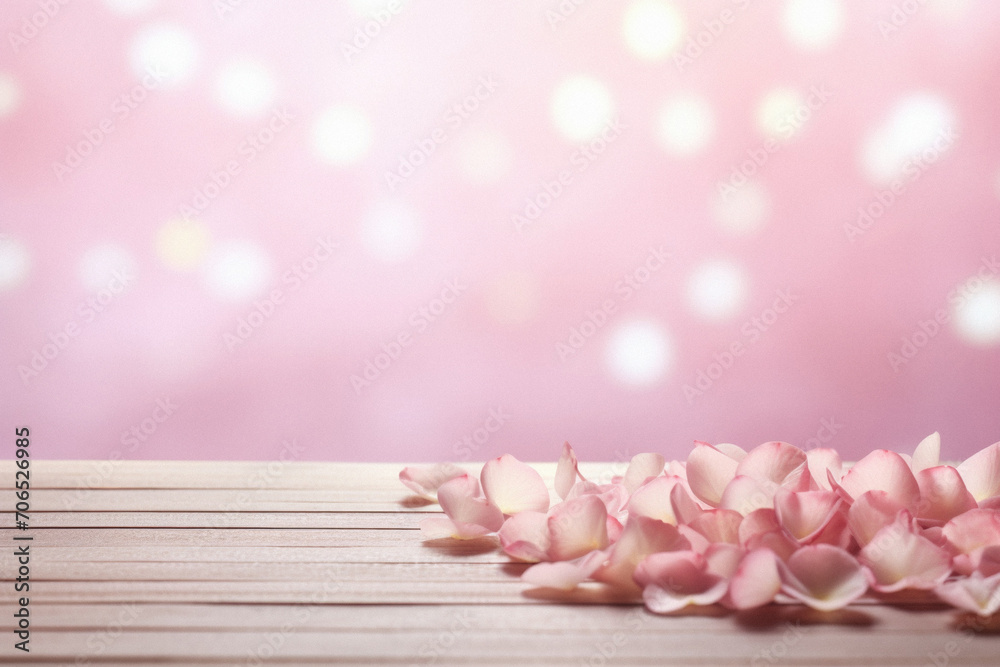 Pink rose petals on wooden table over pink bokeh background.