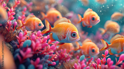 An illustration of a group of smiling pastel-colored fish in a coral reef.