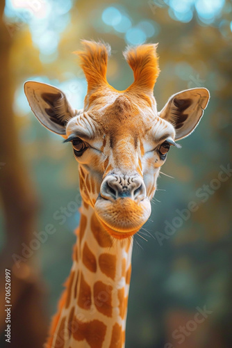 An image of a joyful giraffe with a pastel patterned neck, looking down with a smile. © Natalia