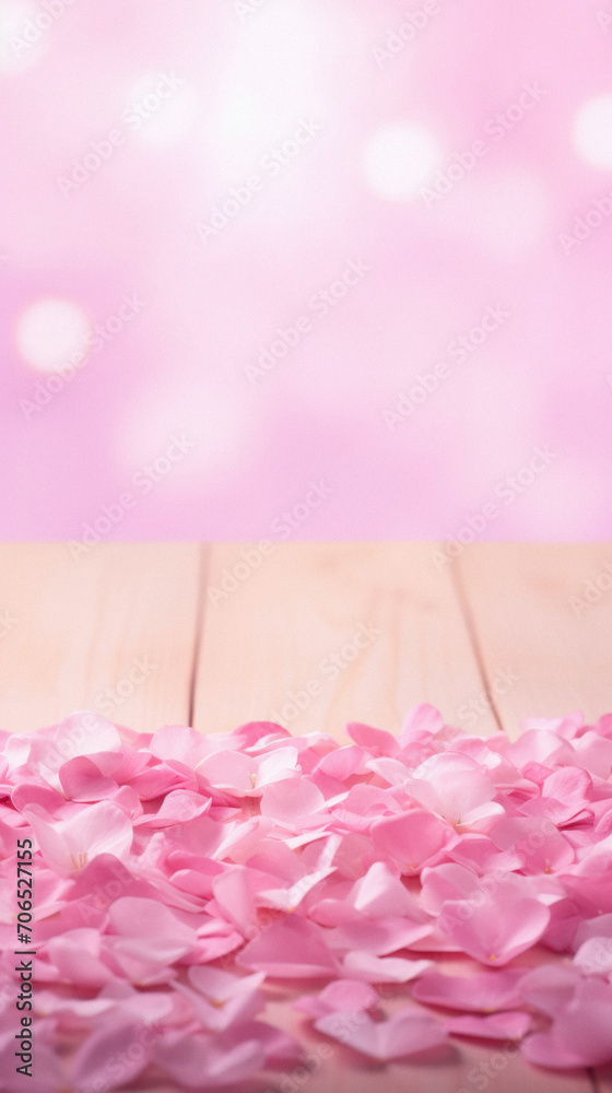 Pink rose petals on wooden table over bokeh background.