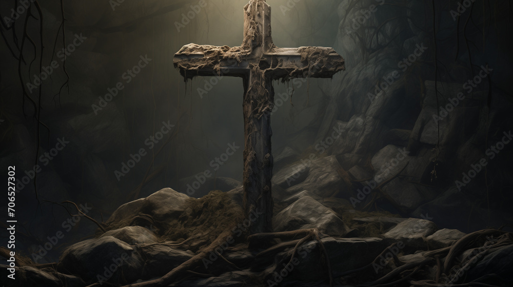 A stone crucifix fixed on a surface of stone - obrazy, fototapety, plakaty 