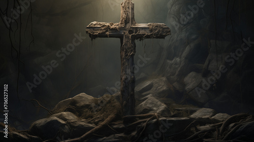 A stone crucifix fixed on a surface of stone photo