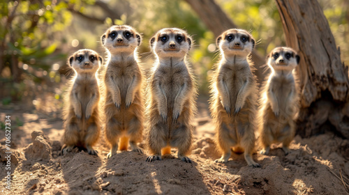 An artistic rendering of a group of smiling pastel meerkats, standing upright in the sun.