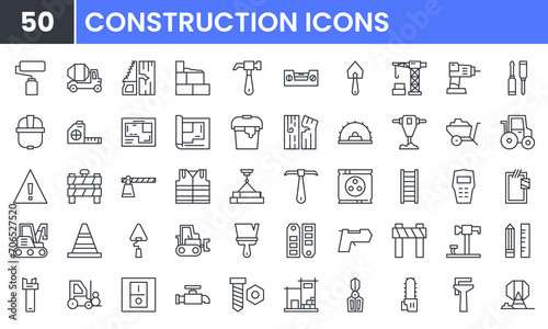 Construction vector line icon set. Contains linear outline icons like Build, Architecture, Industry, Renovation, Tools, Brick, Crane, Bulldozer, Home Repair, Worker, Safety. Edible use and stroke.