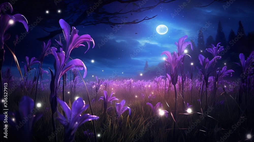 Fototapeta premium Moonlit Iris Field and Fireflies - AI Generated