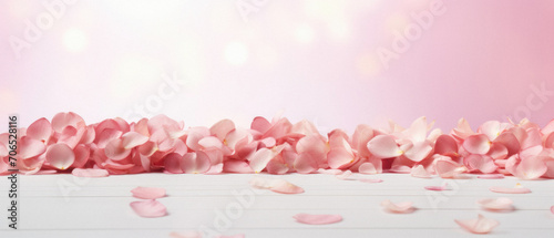 Pink rose petals on white wooden table with bokeh background. © Synthetica