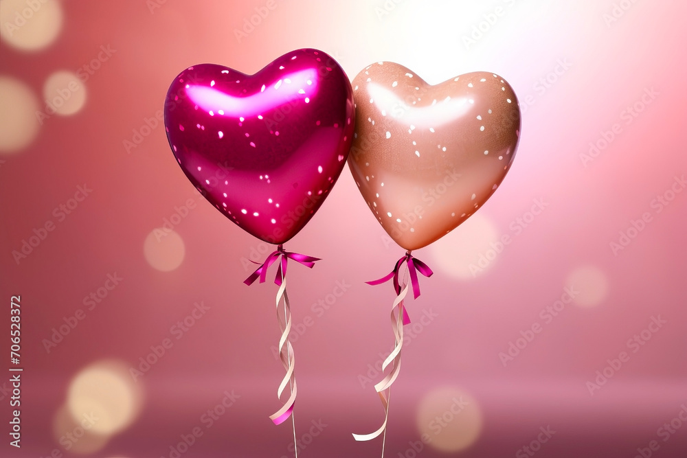 Red and pink heart-shaped balloons with ribbons on pink background