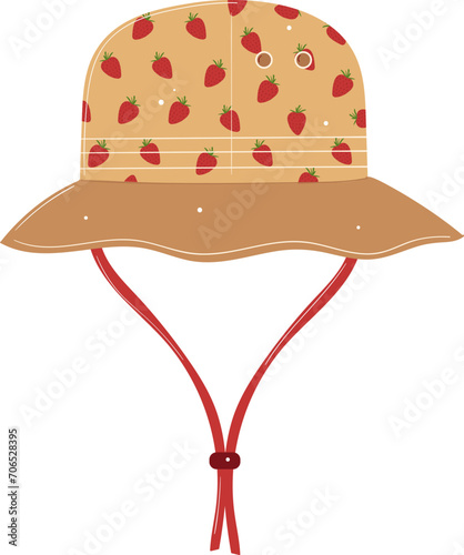 Summer fruit pattern bucket hat with strawberry design and red chinstrap. Fashion accessory for beach or sunny weather vector illustration. photo