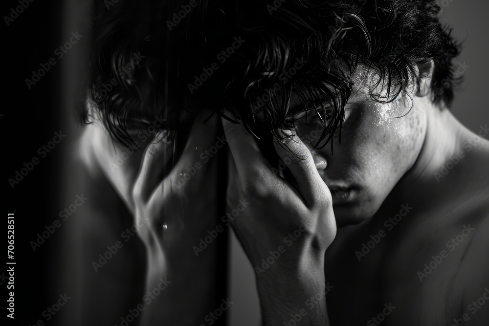 An individual experiencing the negative impact of conflict on self-esteem. Slumped shoulders, downtrodden look, reflection in the mirror with negative emotions. A loss of confidence. An individual experiencing the negative impact of conflict on self-esteem. Slumped shoulders, downtrodden look, reflection in the mirror with negative emotions. A loss of confidence.