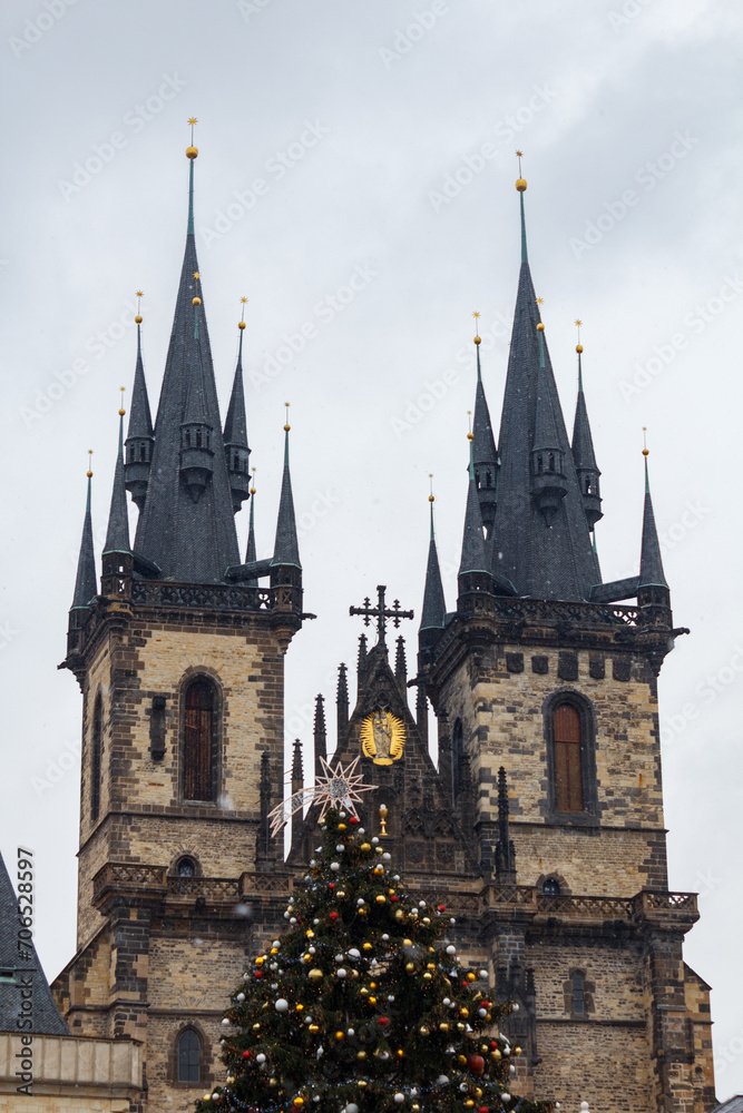 Church of our lady in Prague on a freezing cold december day. It's a historical building and landmark in the city