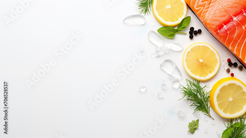 Top view of Raw salmon fillet, lemon, herbs, pepper, ice on white background with copy space. Healthy diet concept, restaurant seafood cuisine design.